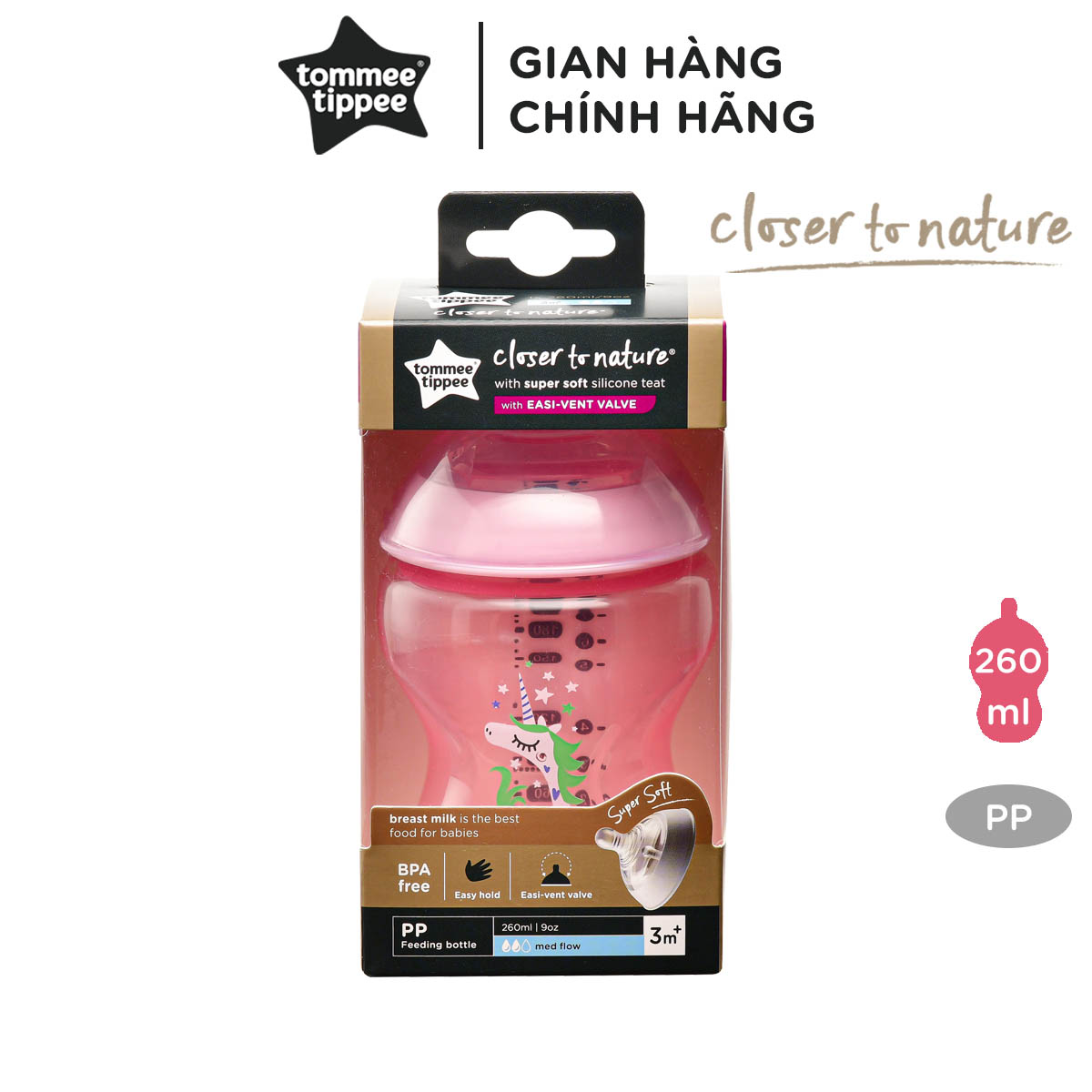 Bình sữa ty siêu mềm tự nhiên Tommee Tippee Closer to Nature 260ml, núm ty đi kèm 3-6 tháng – Tím