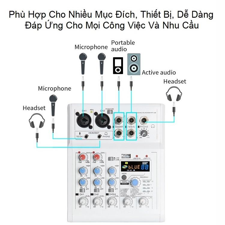 Mixer E4 Bluetooth, Tặng Củ Nguồn, Hát Livestream Karaoke Thu Âm, Bộ Chọn Âm Thanh - Chỉnh reverb - delay - 88 Hiệu Ứng