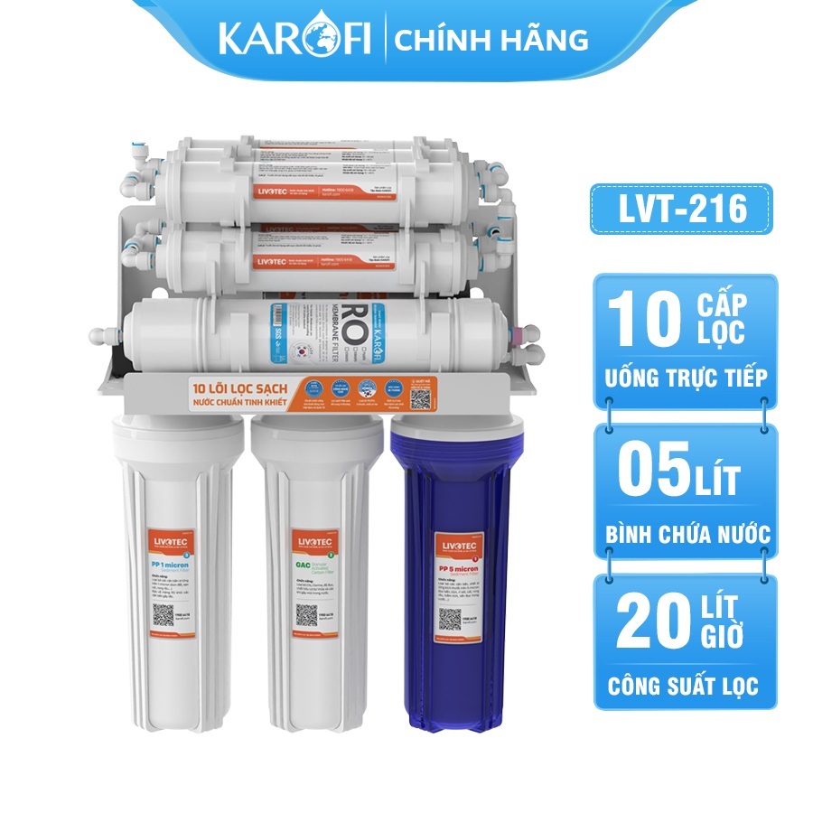 Máy Lọc Nước Để Gầm Karofi LIVOTEC 216, 10 Lõi Lọc Màng RO 100GPD Hàn Quốc, Hàng Chính Hãng