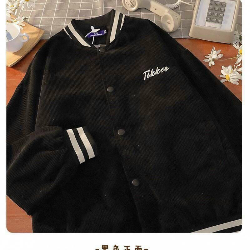 Áo khoác nhung, áo nhung bombo aiteeins cúc bấm, Áo Khoác Nhung Gân Tăm Bomber Jackets Thêu Logo Cúc Bấm Unisex Nam Nữ Form Rộng Ulzzang