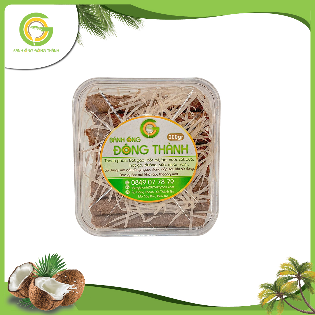 Bánh ống Đông Thành thơm ngon hộp vuông - Bánh ống xứ dừa - Đặc sản Bến Tre hộp vuông