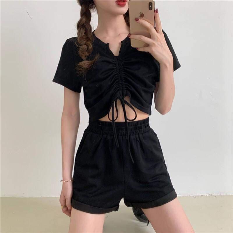 Set Áo Croptop Dây Rút Kèm Short Ulzzang (2 Màu) - D21