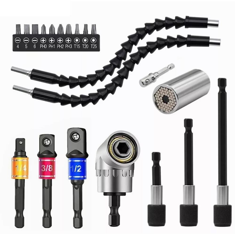 21PCS Flexible Drill Bit Extension Set with 105° Angle Drill Bit Extension & 1/2 3/8 1/4 inch Universal Socket Adapter & Drill Bit Holder & Screwdriver Bit Kit & Universal Socket Grip