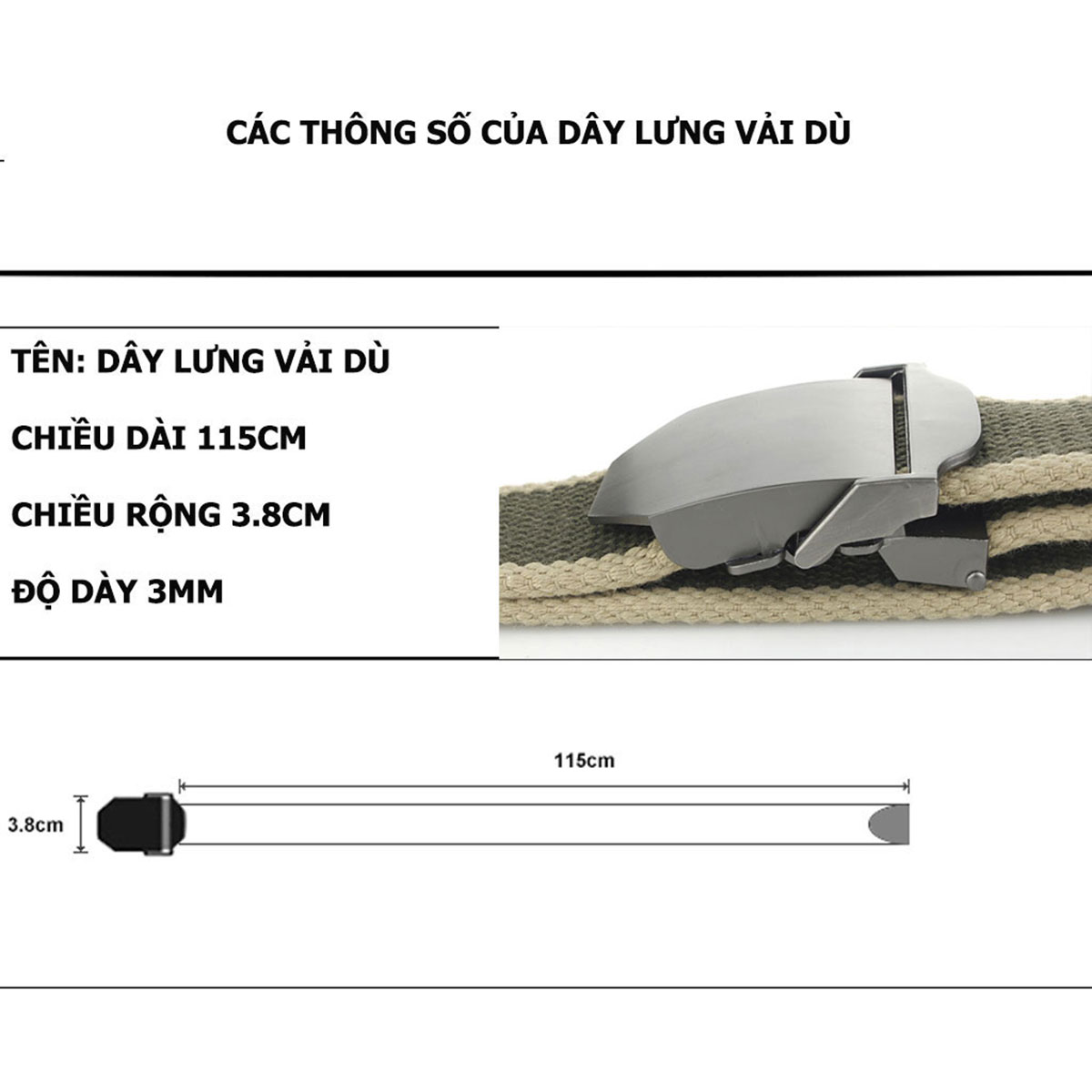 Dây Lưng Vải Nam U689 US ARMY Phong Cách Lính, Mặt Khóa Hợp Kim Thép Không Ghỉ Sáng Bóng-HÀNG CHÍNH HÃNG