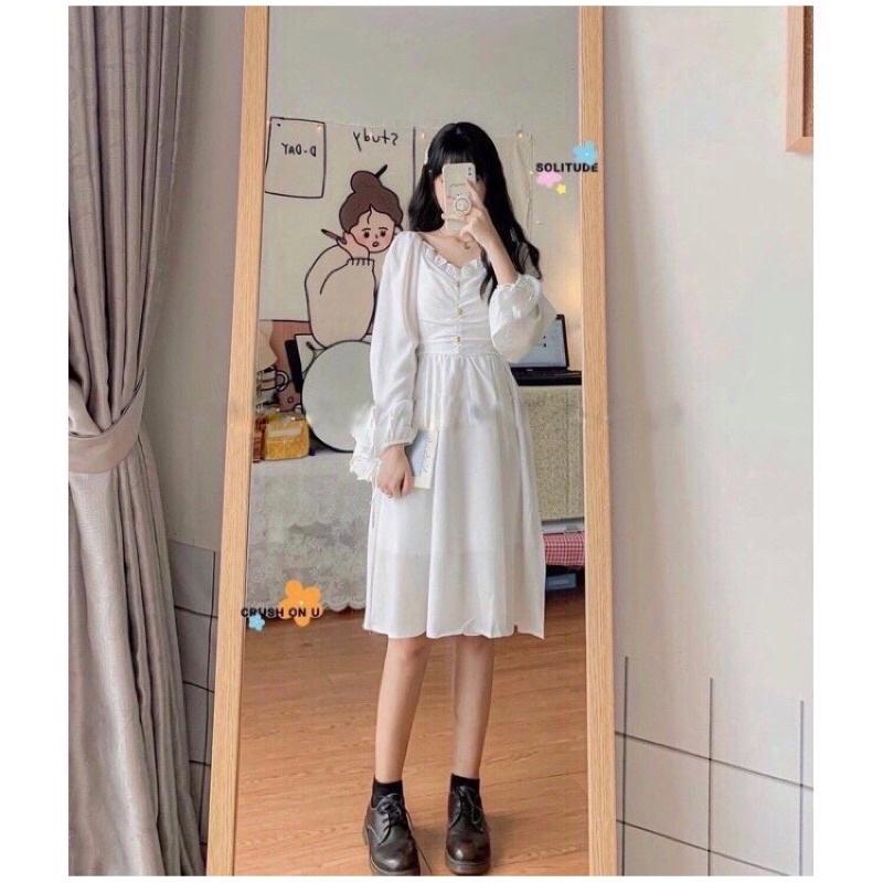Váy babydoll, váy đi biển trắng tiểu thư, bánh bèo dáng dài tay bồng, đầm dự tiệc, đi chơi siêu xinh dáng xòe, VAY005