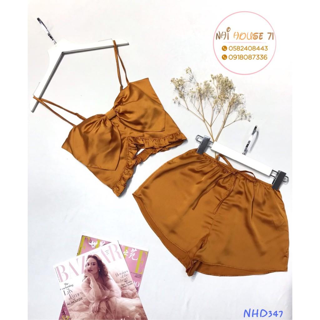 BỘ NGŨ 2 DÂY NHIHOUSE71 ÁO CROPTOP NƠ NGỰC QUẦN ĐÙI LƯNG THUN CHẤT LỤA SATIN SIÊU CUTE FREESIZE 45-57 KG