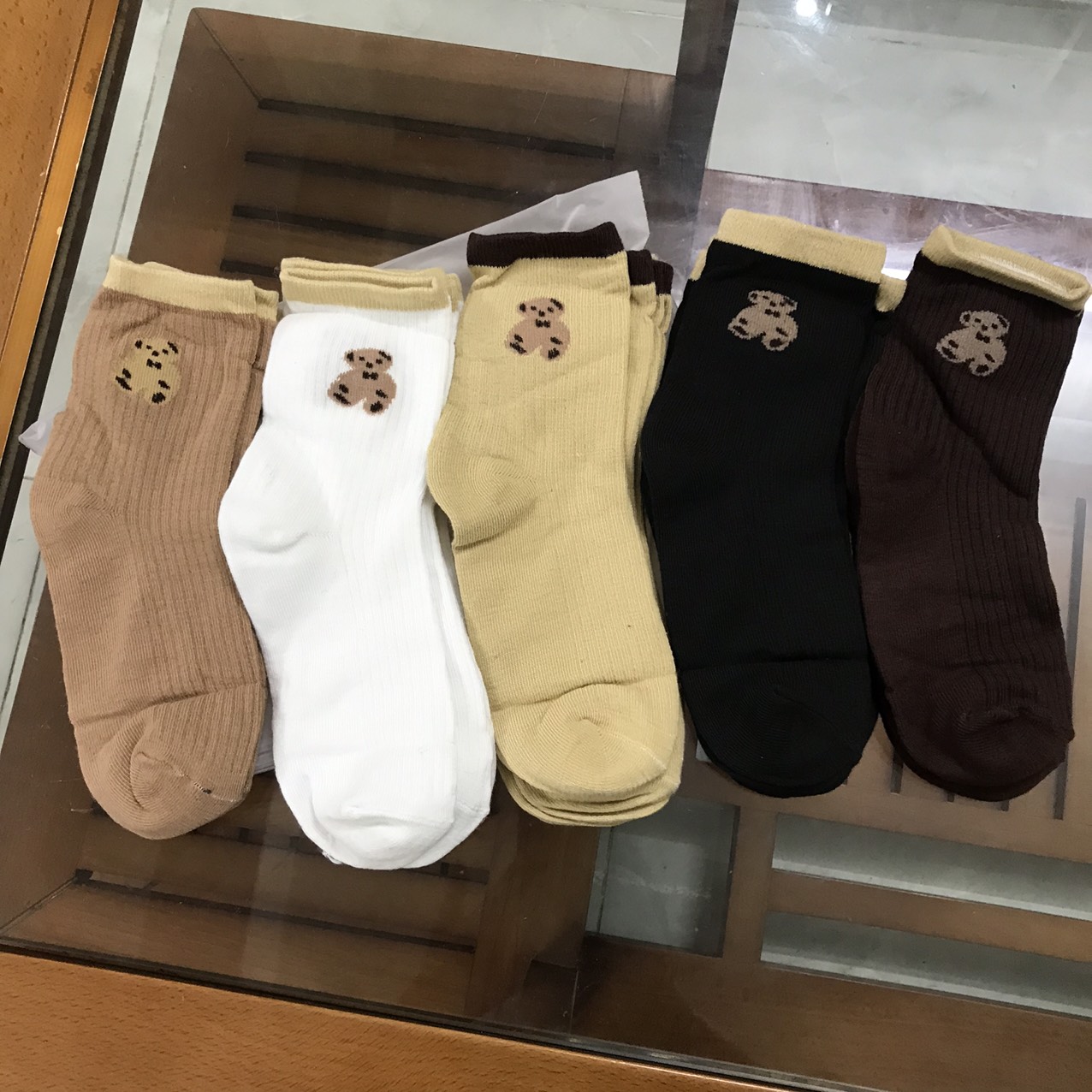 Tất Nữ Cổ Cao, Set 5 Đôi, Tất Cao Cổ Nữ, Hoạ Tiết Gấu, Chất Liệu Cotton Dày Dặn, Phong Cách Hàn Quốc