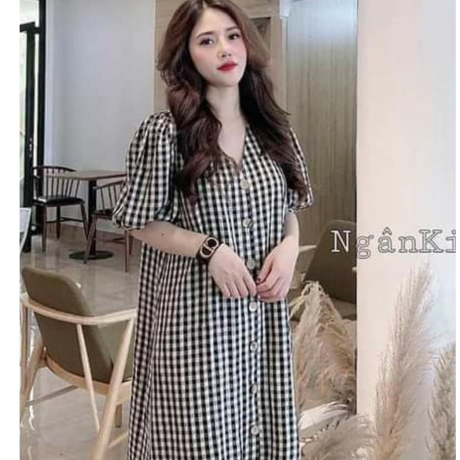 Váy bầu công sở thiết kế dáng xuông cổ tim - chất kẻ thô đẹp