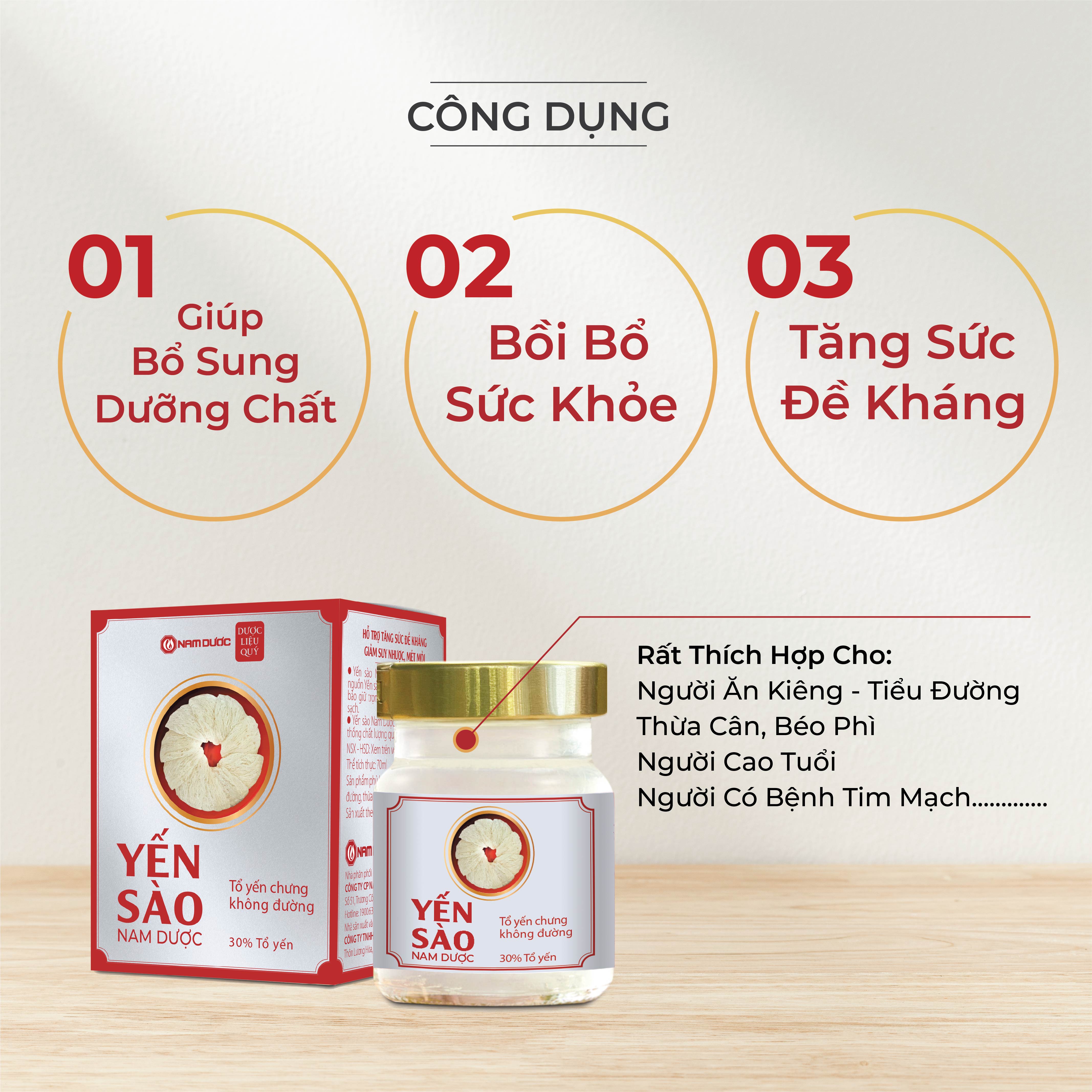 Yến sào Nam Dược cao cấp tổ yến chưng không đường 70ml bồi bổ sức khỏe, dùng được cho người giảm cân, ăn kiêng, béo phì.