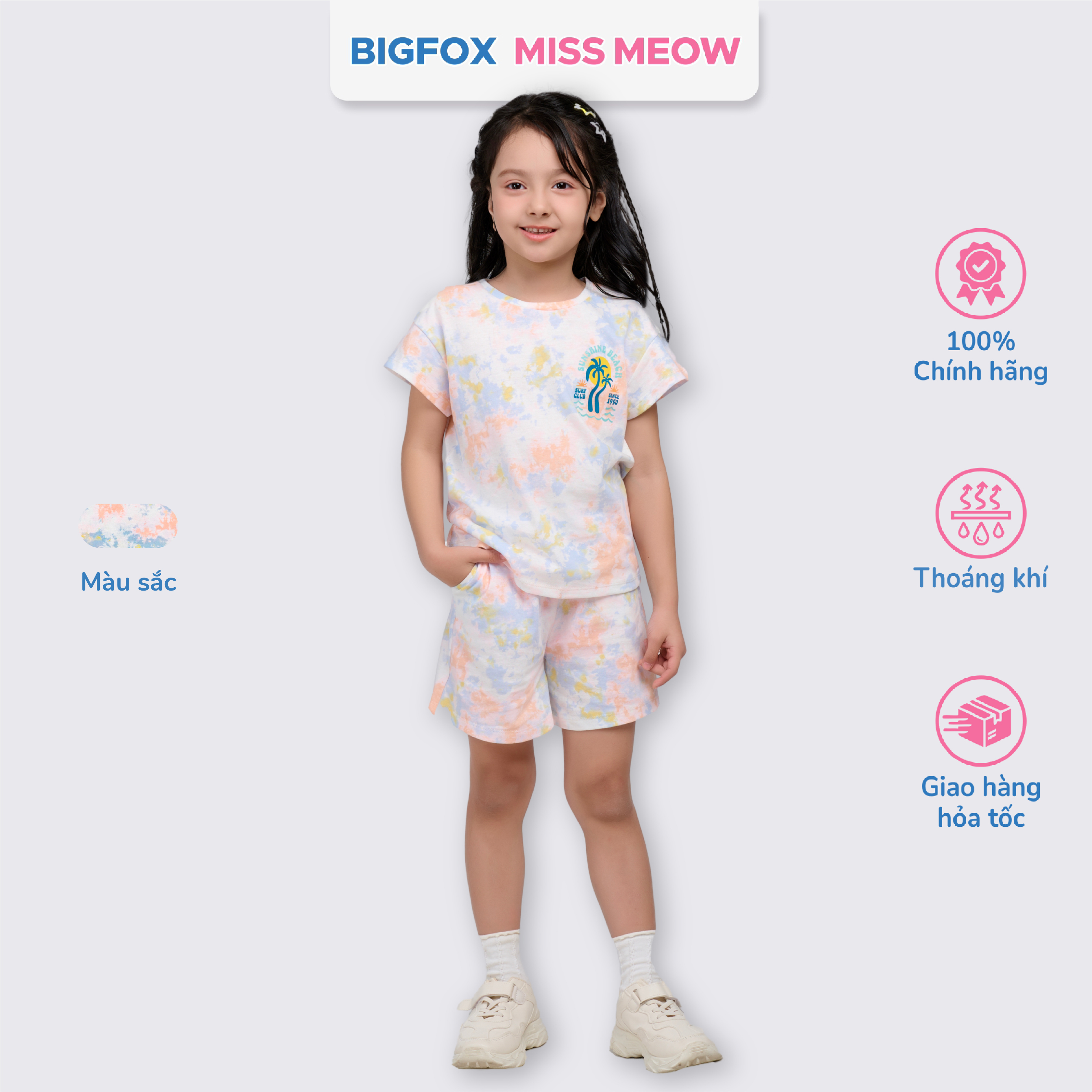 Bộ cotton bé gái Bigfox Miss Meow size đại cộc tay mùa hè in loang đẹp cỡ 3,6,9,11 tuổi 30kg 40kg