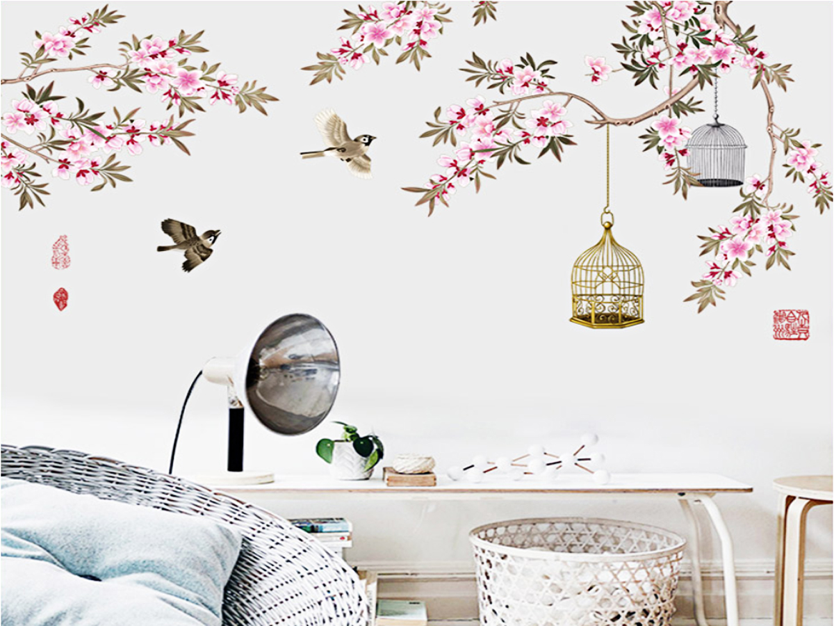 Decal Cành hoa đào và lồng chim