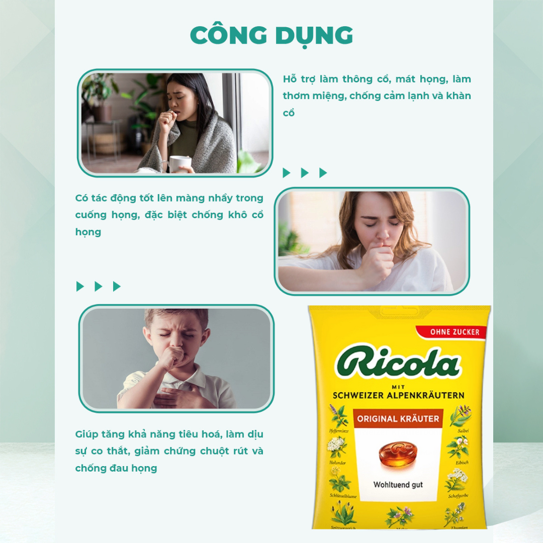 Hỗ trợ giảm đau họng Ricola Shweizer Krauterzucker chứa 13 loại thảo mộc đem đến cảm giác dịu nhẹ cổ họng và thơm mát - OZ Slim Store