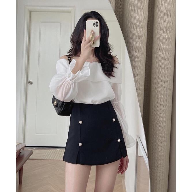 Set áo tơ trễ vai cv vải cát 6073