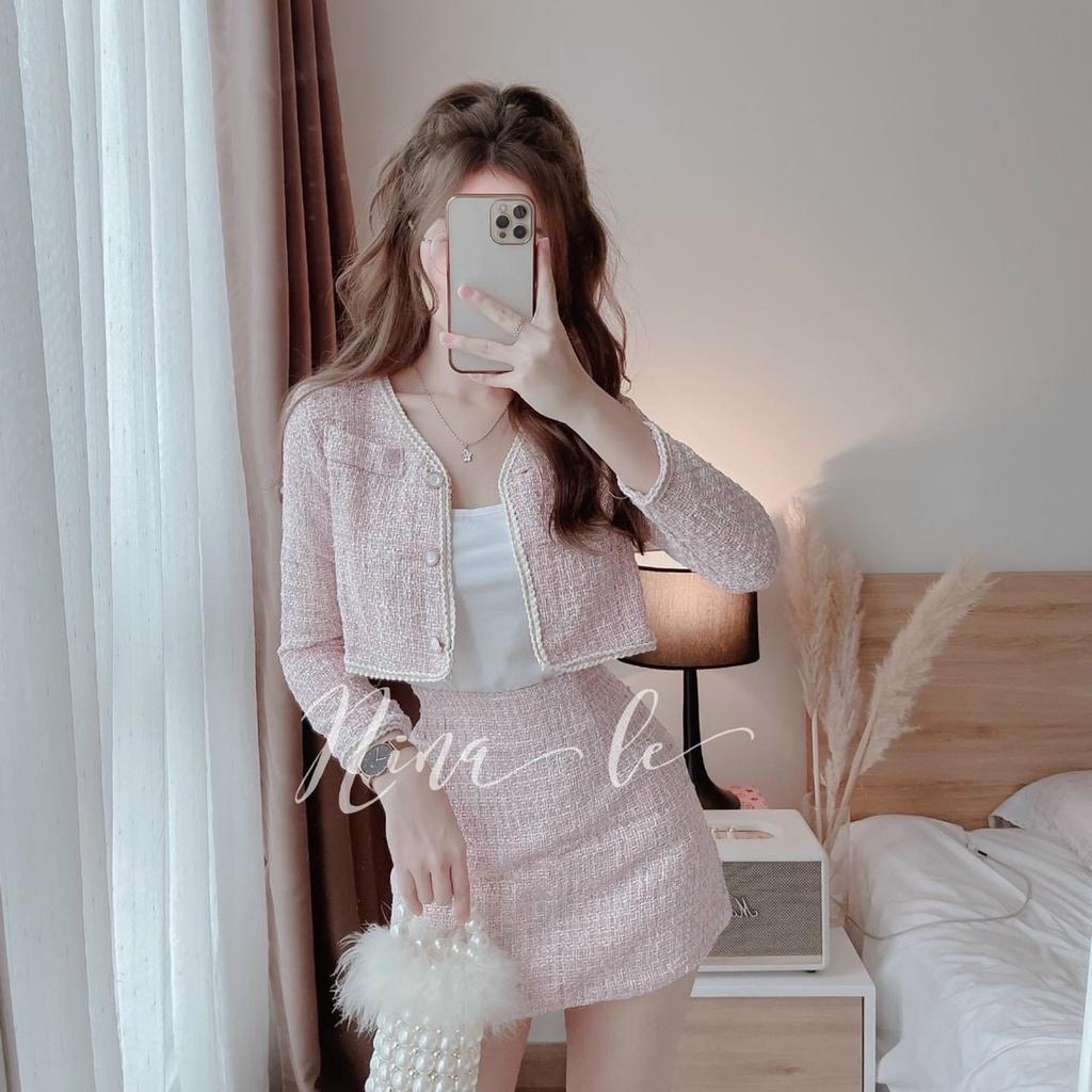 set dạ 3 món hồng áo 2 dây trong kèm khoác crop phối chân váy ngắn mẫu nina lê
