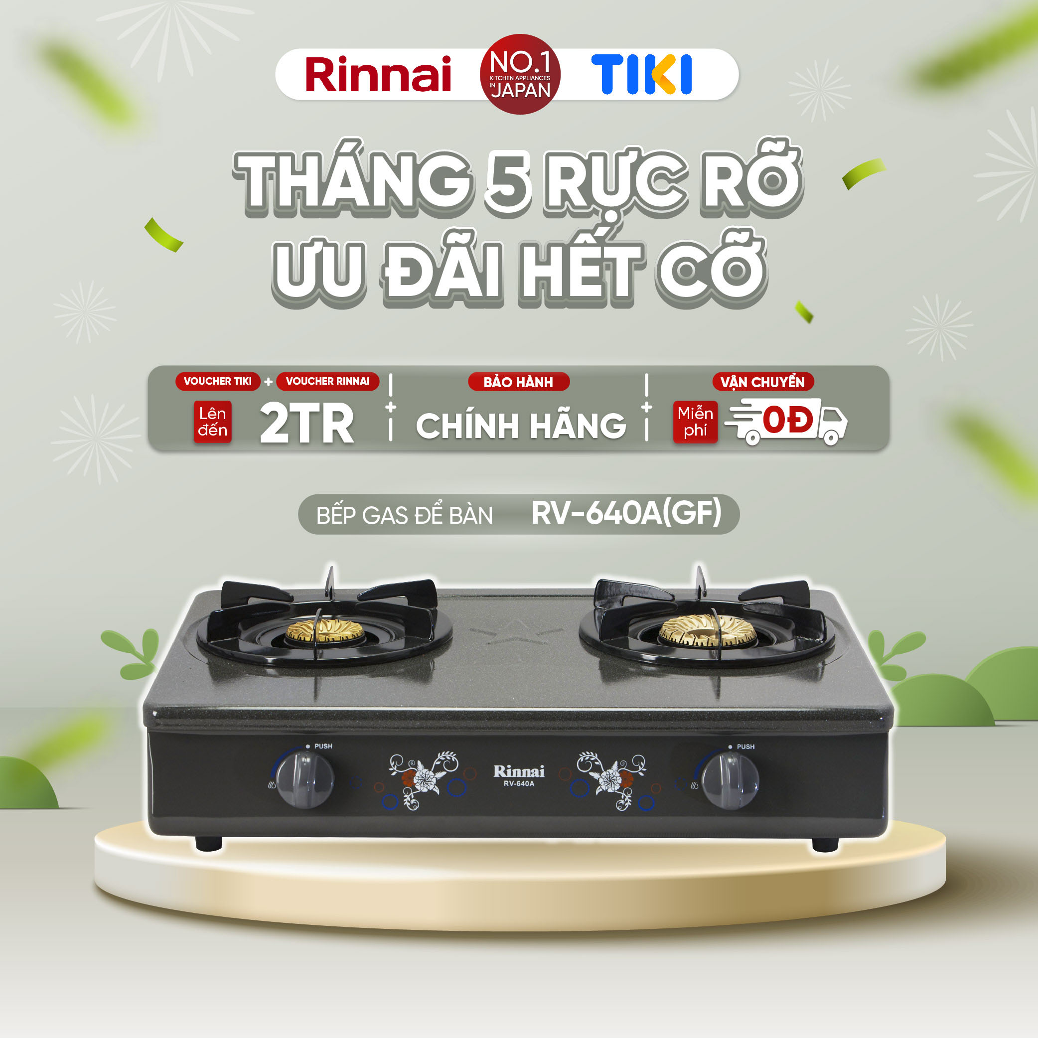 Bếp gas dương Rinnai RV-740A(GF) mặt bếp men và kiềng bếp men - Hàng chính hãng