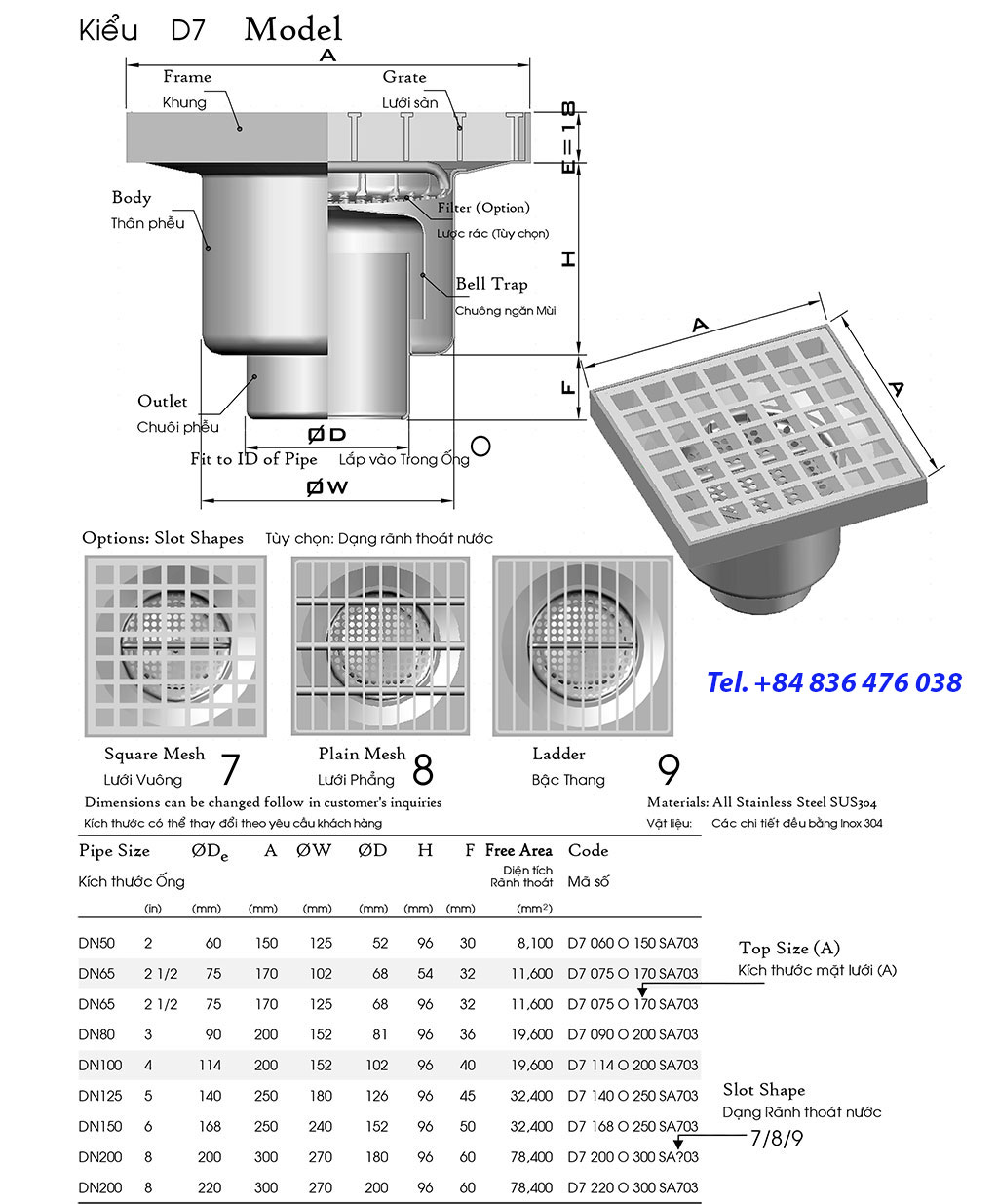 Phễu thu thoát nước lưới sàn chịu tải lớn, chống hôi, ngăn mùi hôi toàn bộ bằng inox sus304