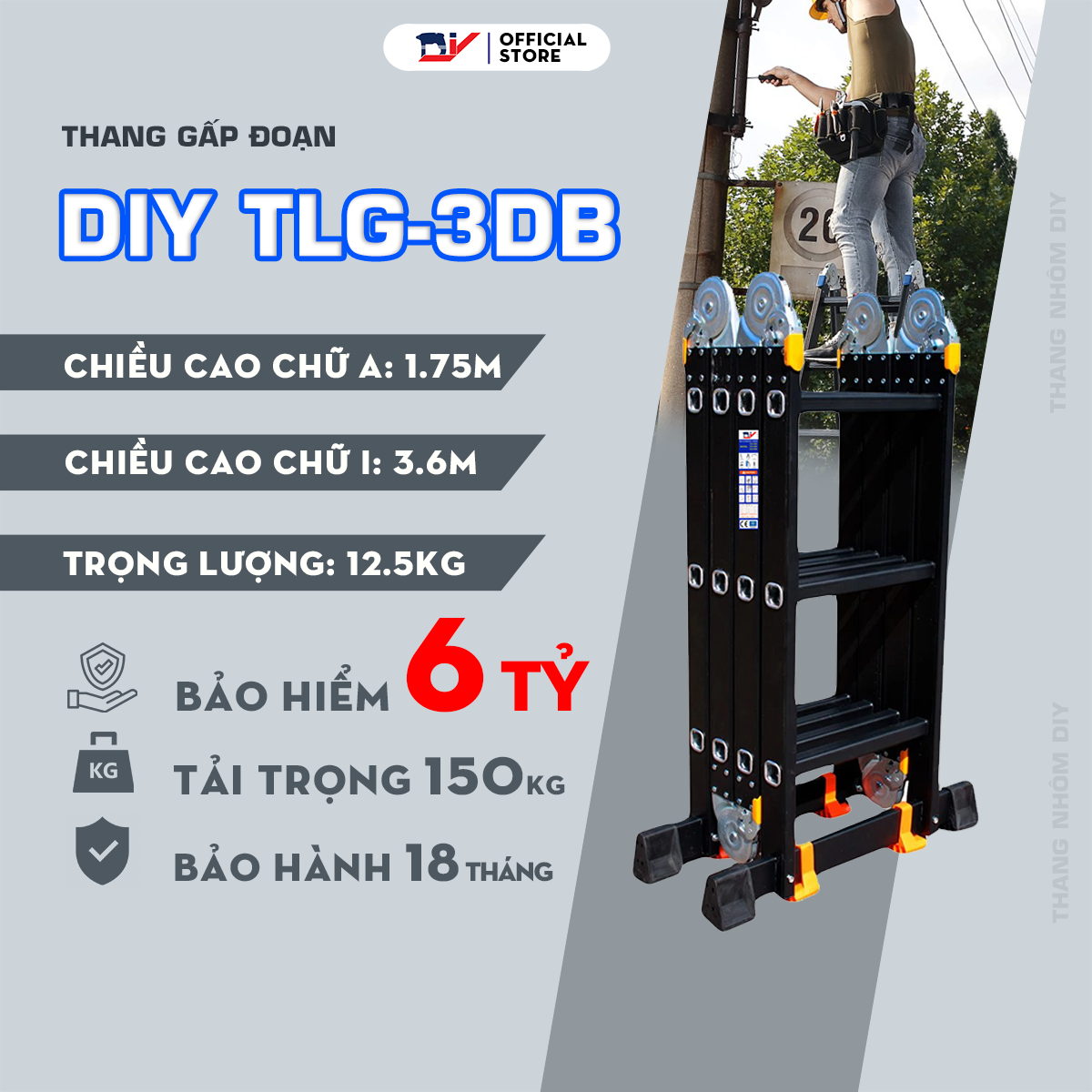 Thang nhôm gấp 4 đoạn DIY TLG-3DB màu đen, chiều cao chữ A 1.75m, chữ I 3.6m