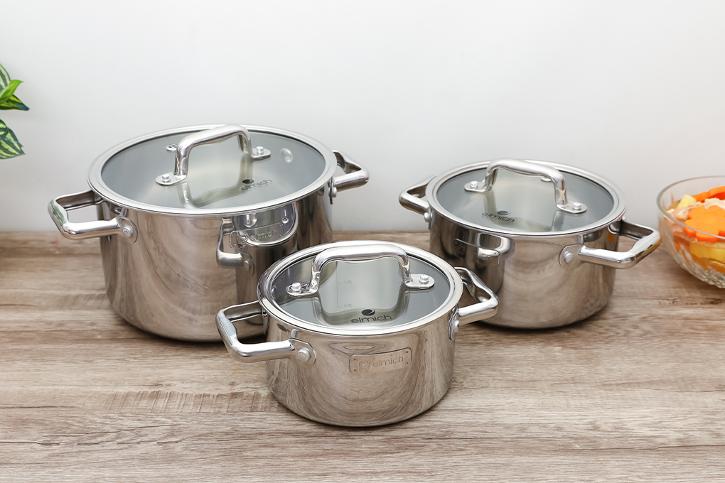 Bộ nồi inox liền khối Elmich Trimax ECO EL-8001 size 18, 20, 26cm - Tiêu chuẩn Châu Âu - Sử dụng cho mọi loại bếp