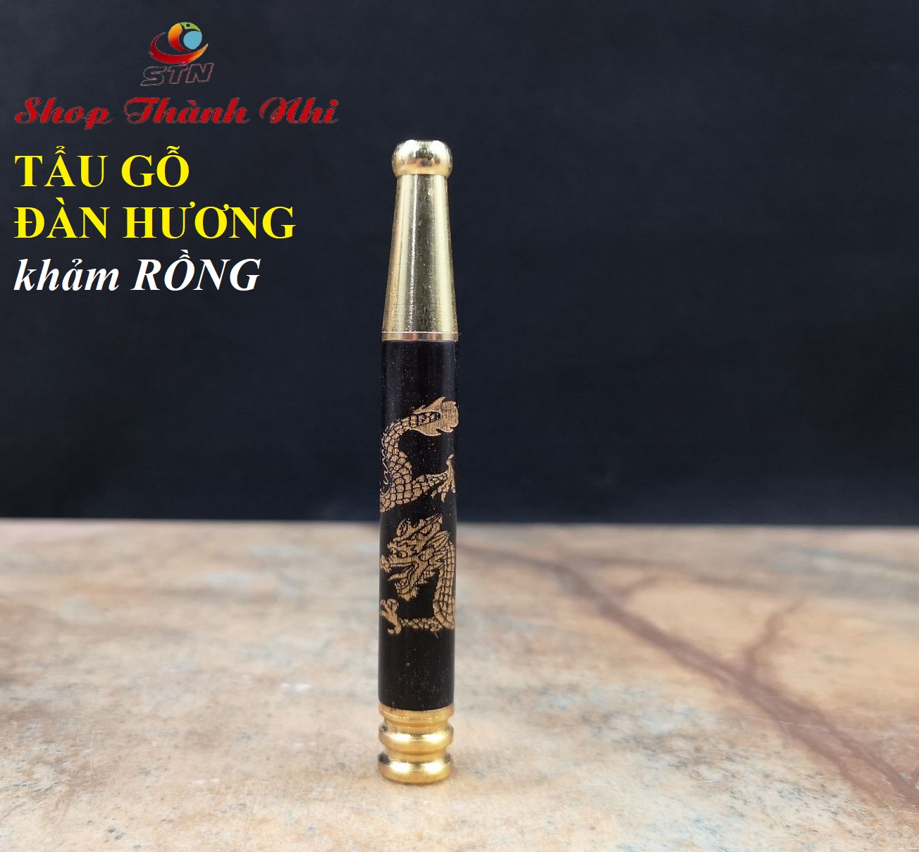 Hình ảnh Tẩu thuốc gỗ đàn hương đen khảm RỒNG, VÀ TRE cực kỳ đẹp, đầu hút hợp kim đồng, Shop Thành Nhi SSNT02A