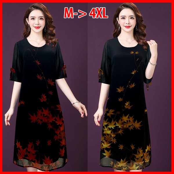 ĐẦM SUÔNG IN LÁ PHONG PHỐI TAY CỘT NƠ