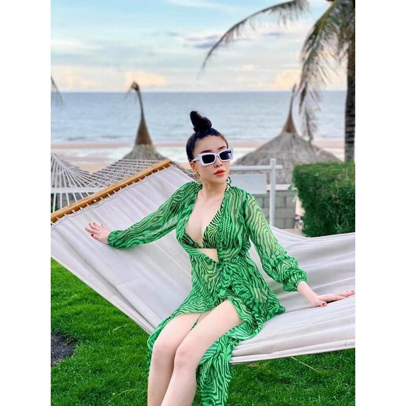 Bikini Nữ 2 Mảnh Áo Choàng Khoác Ngoài Đồ Bơi Nữ Họa Tiết Vằn Xanh Quyến Rũ Độc Lạ - R23