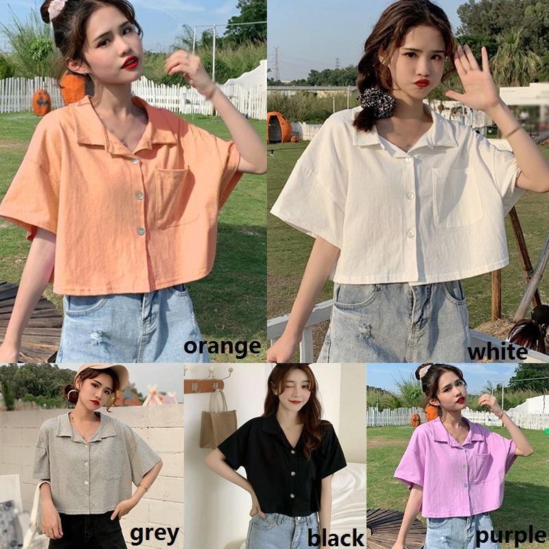 Áo Kiểu Tay Ngắn Dáng Rộng Màu Trơn Thiết Kế Thanh Lịch Cho Nữ