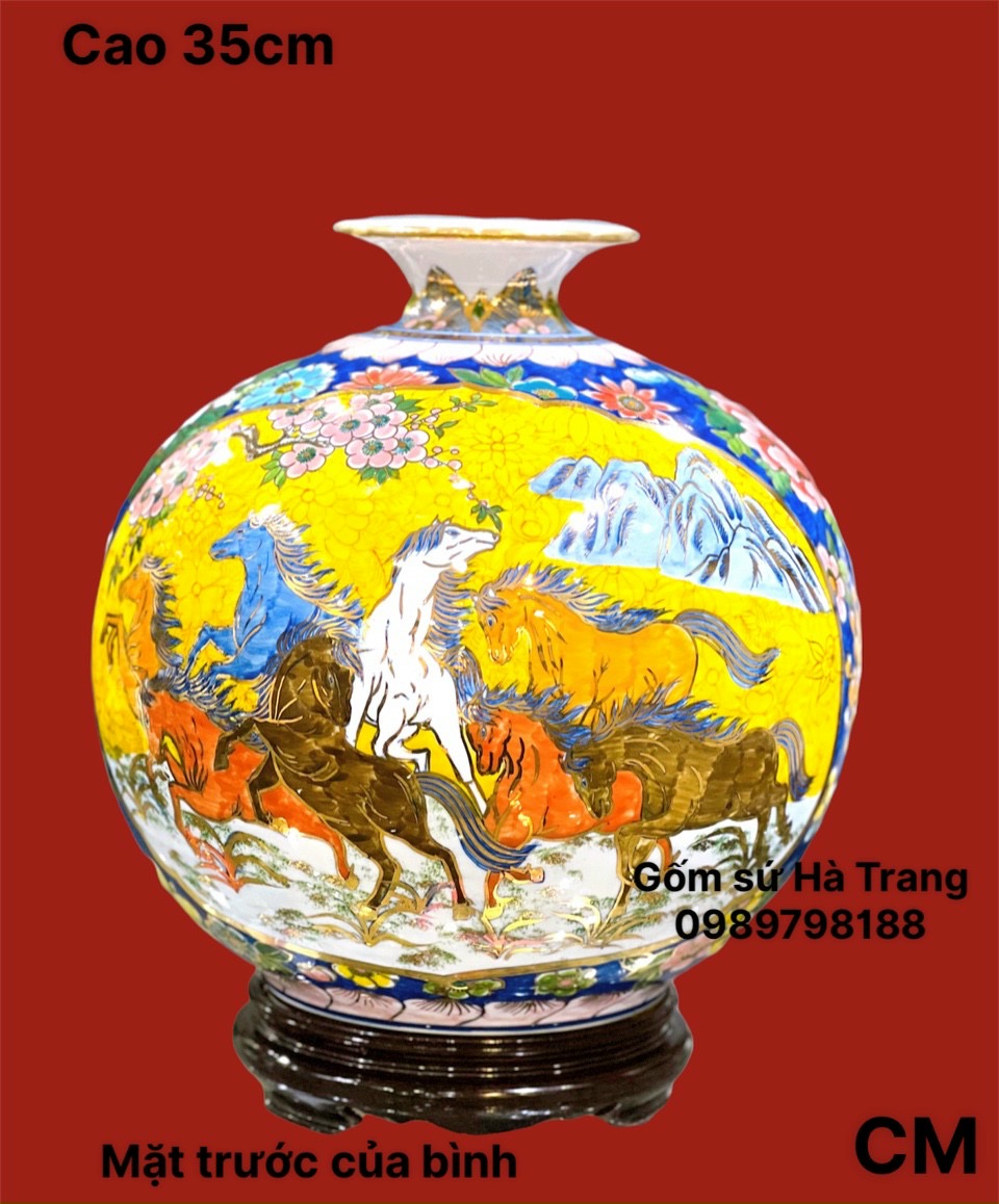 Bình hút tài lộc gốm sứ Bát Tràng cao cấp vẽ vàng hoạ tiết nhị cảnh mã đáo thành công và công thành danh toại cao 35cm