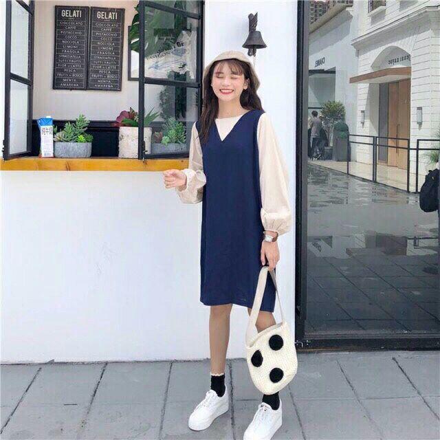 Đầm suông nữ giá rẻ, đầm nữ tay dài, đầm nữ phối màu dễ thương