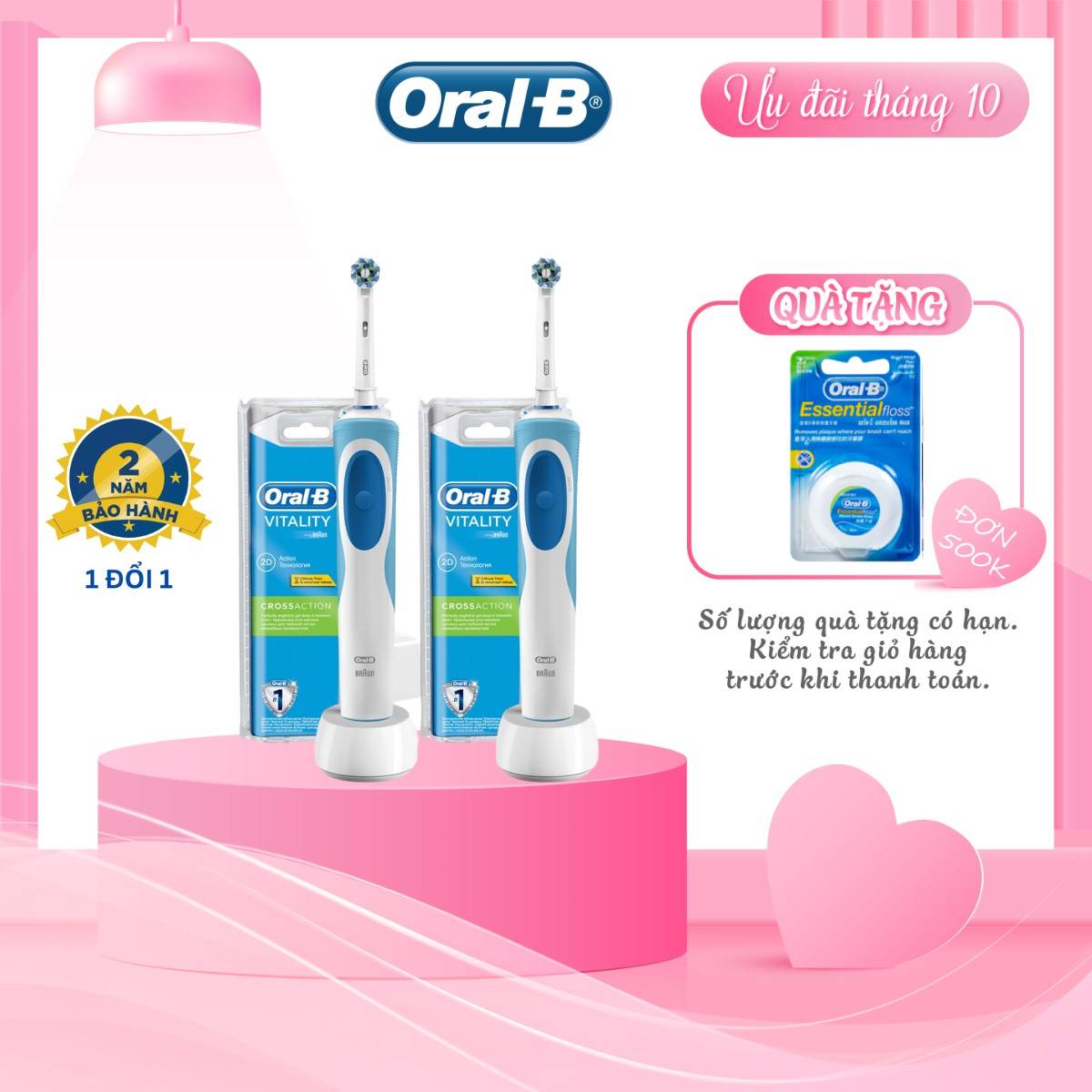 COMBO Bàn chải đánh răng điện Oral-B Vitality CrossAction Blue D12.513 và Bàn chải đánh răng điện Oral-B Precision Clean - Hàng chính hãng 