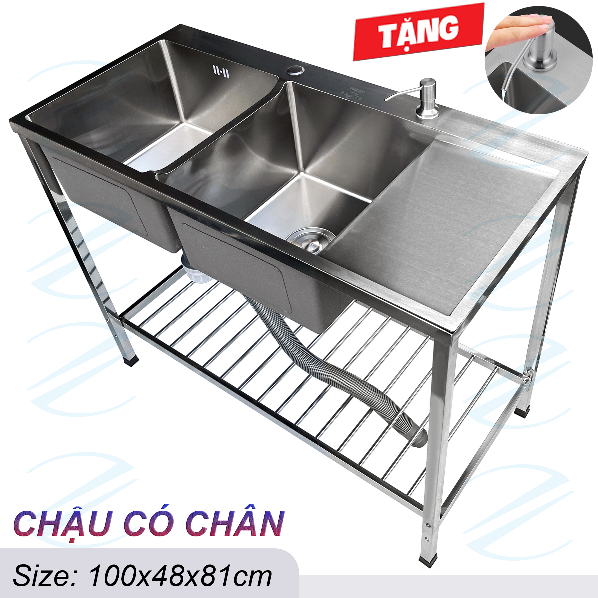 COMBO Chậu Rửa Bát Inox Có Chân 100x48x81cm Kiểu 2 Hộc 1 Cánh Tiện Nghi Rộng Rãi - Đủ bộ gồm chậu, xi phông, chân và vòi rửa, tặng vòi hút xà bông