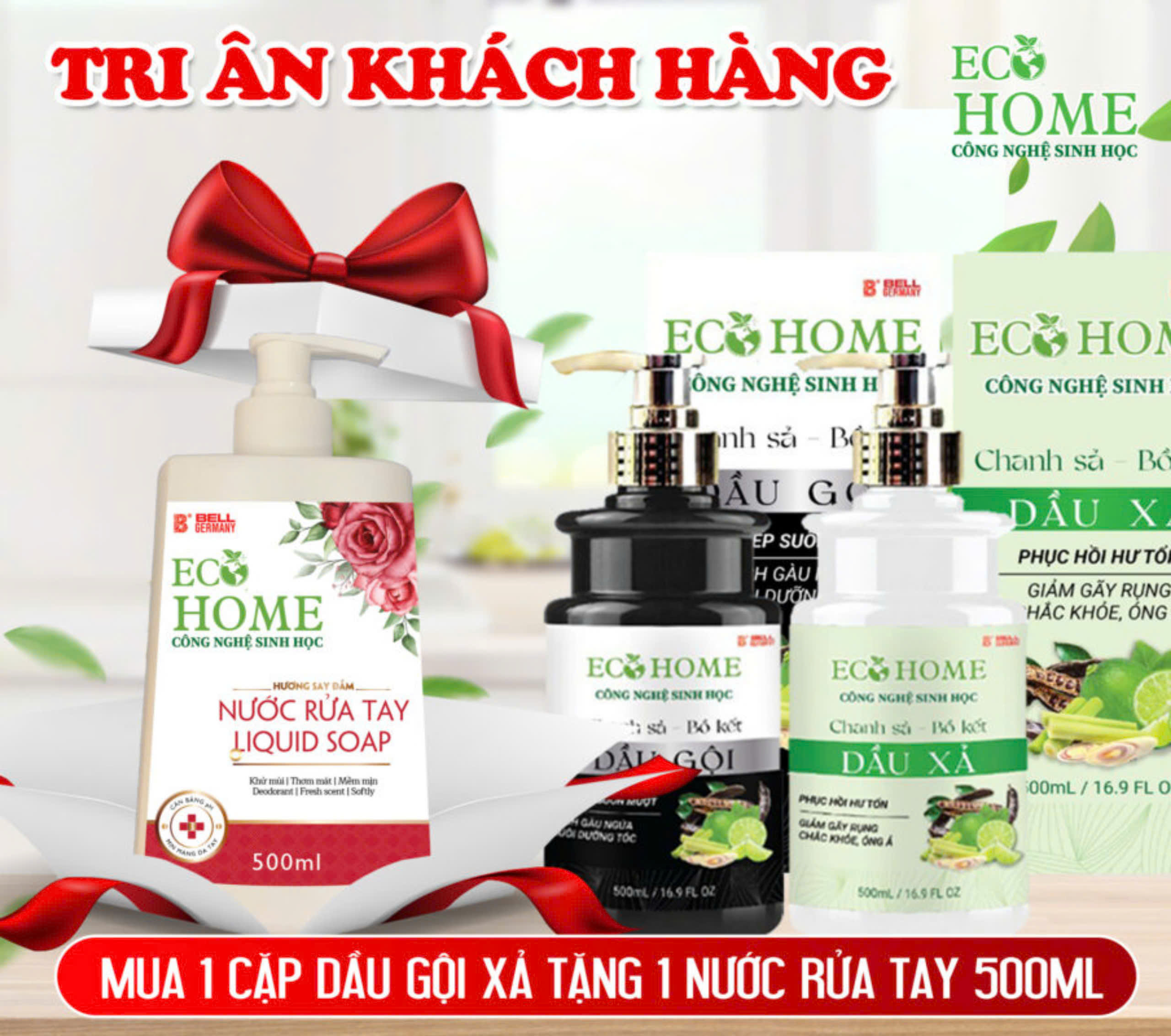 (Tặng nước rửa tay) Combo Cặp Dầu Gội Xả Chanh Sả Bồ Kết ECOHOME Kim Ngân Công Nghệ Sinh Học 500ml