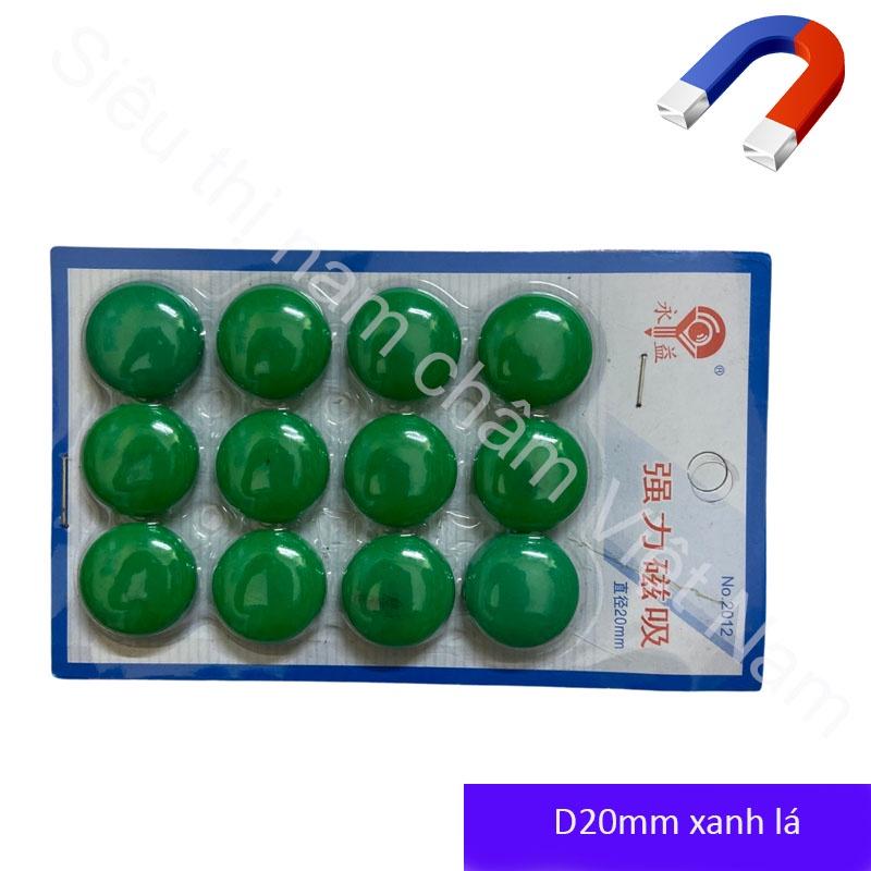 Vỉ nam châm 12 viên đính bảng từ màu xanh lá, nam châm siêu dính kích thước 20mm