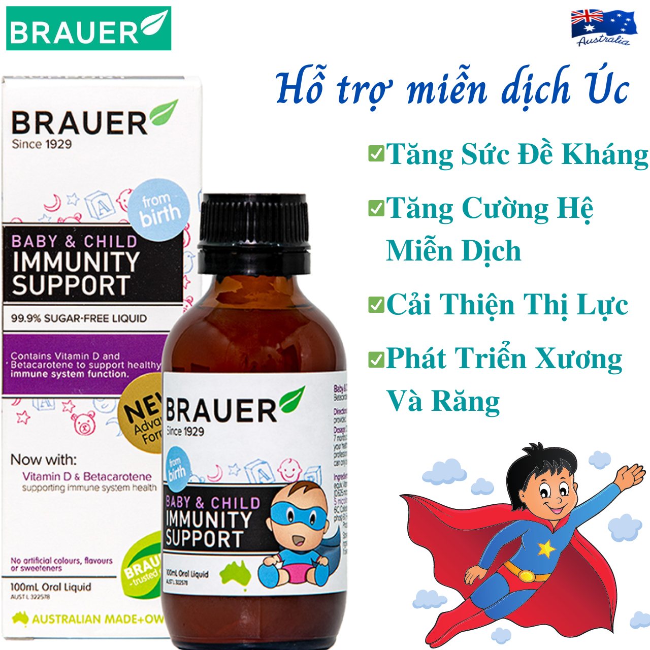 Tăng Sức Đề Kháng Cho Bé Brauer Immunity Support Hỗ Trợ Chức Năng Hệ Thống Miễn Dịch Khỏe Mạnh Giúp Cải Thiện Thị Lực Hấp Thụ Canxi Phát Triển Xương Và Răng – Lọ 100ml