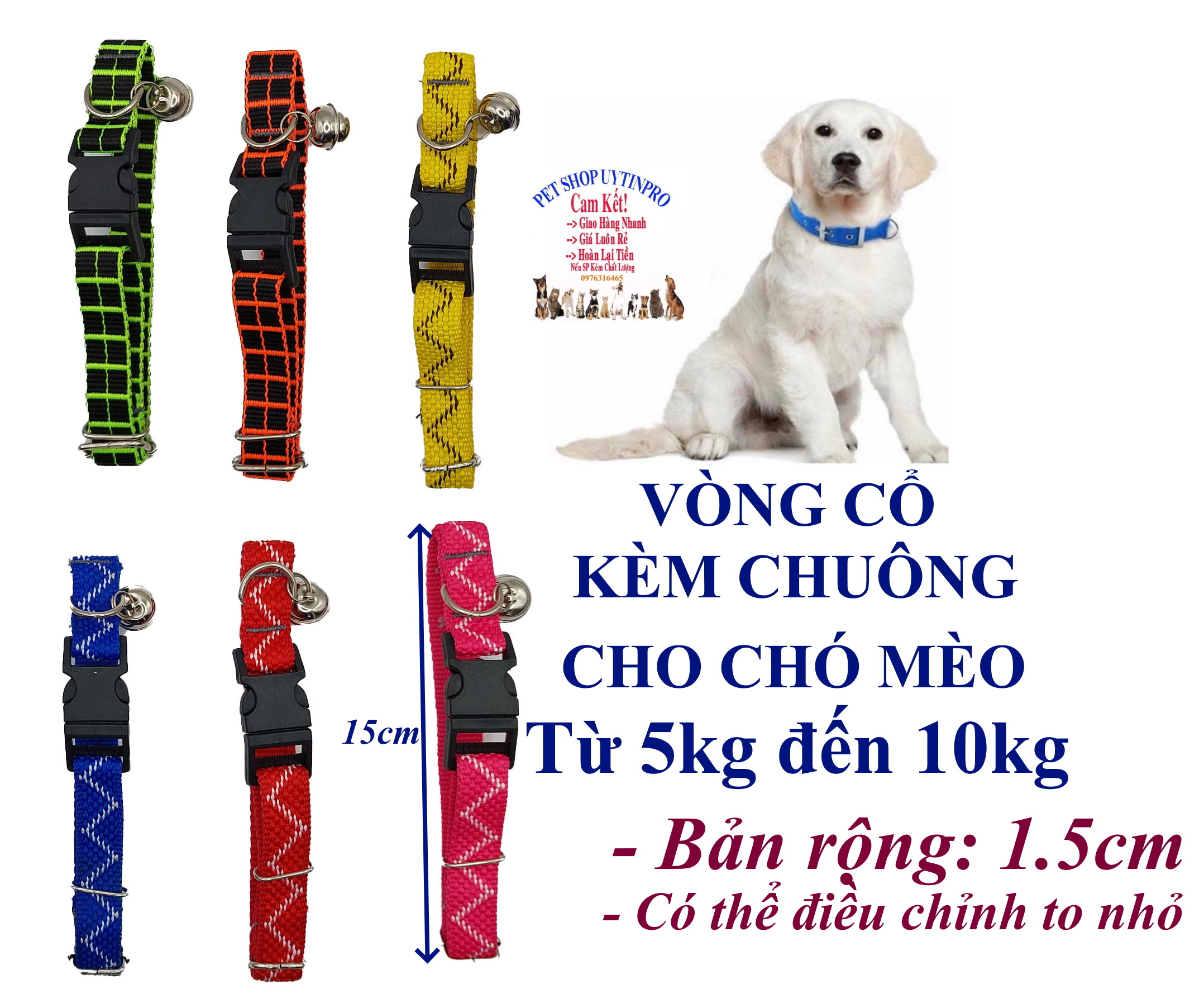 Vòng cổ kèm chuông cho Chó Mèo từ 5kg đến 15kg Bản rộng 1.5cm Chất liệu dù chắc chắn, An toàn, Có thể điều chỉnh to nhỏ