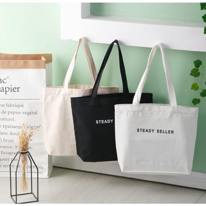 Túi Tote Vuông In Steady Seller TT35 Vải canvas Hàn Quốc có khóa kéo miệng và Túi Mini bên trong - PÉ HEO SHOP - TT35 Vuông Đen