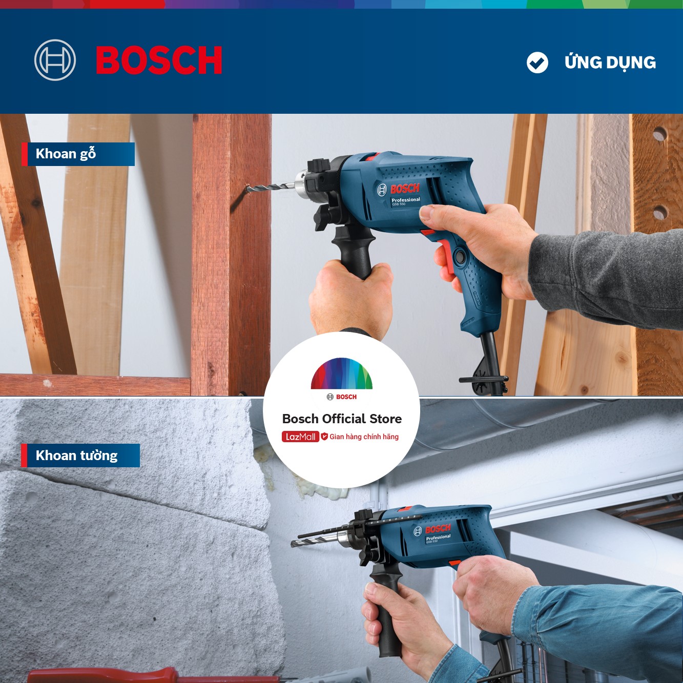 Máy khoan động lực Bosch GSB 550 550W - Tặng bộ phụ kiện FREEDOM 90 chi tiết