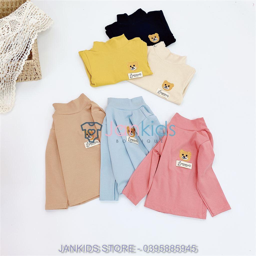 Áo dài tay thu đông cổ 3 phân chất cotton len kiểu dáng hàn quốc thêu hình gấu cho bé 8-18kg