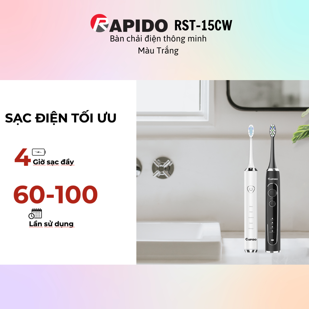 Máy Tăm nước cầm tay Rapido RWG150/RWW-300 - Bàn chải điện thông minh RST-15CW Trắng/RST-15CWB Đen - Hàng Chính Hãng - bảo hành 6 tháng