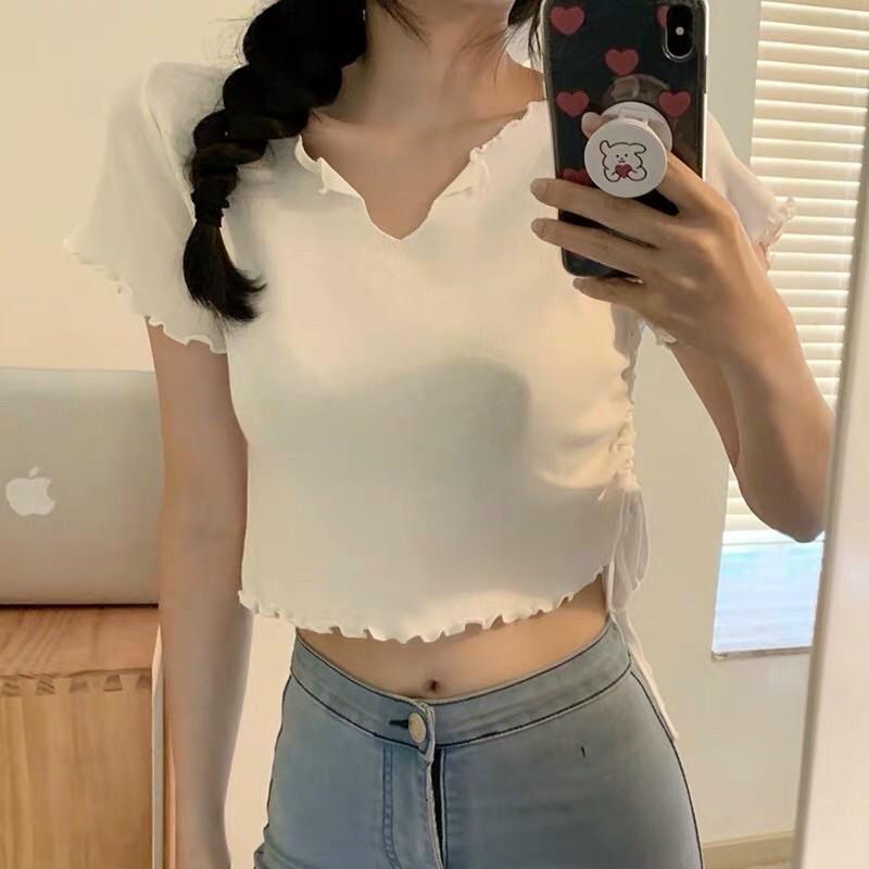 Áo Crop Top Chất Liệu Cotton Cá Tính, Có Dây Rút Eo Cách Điệu