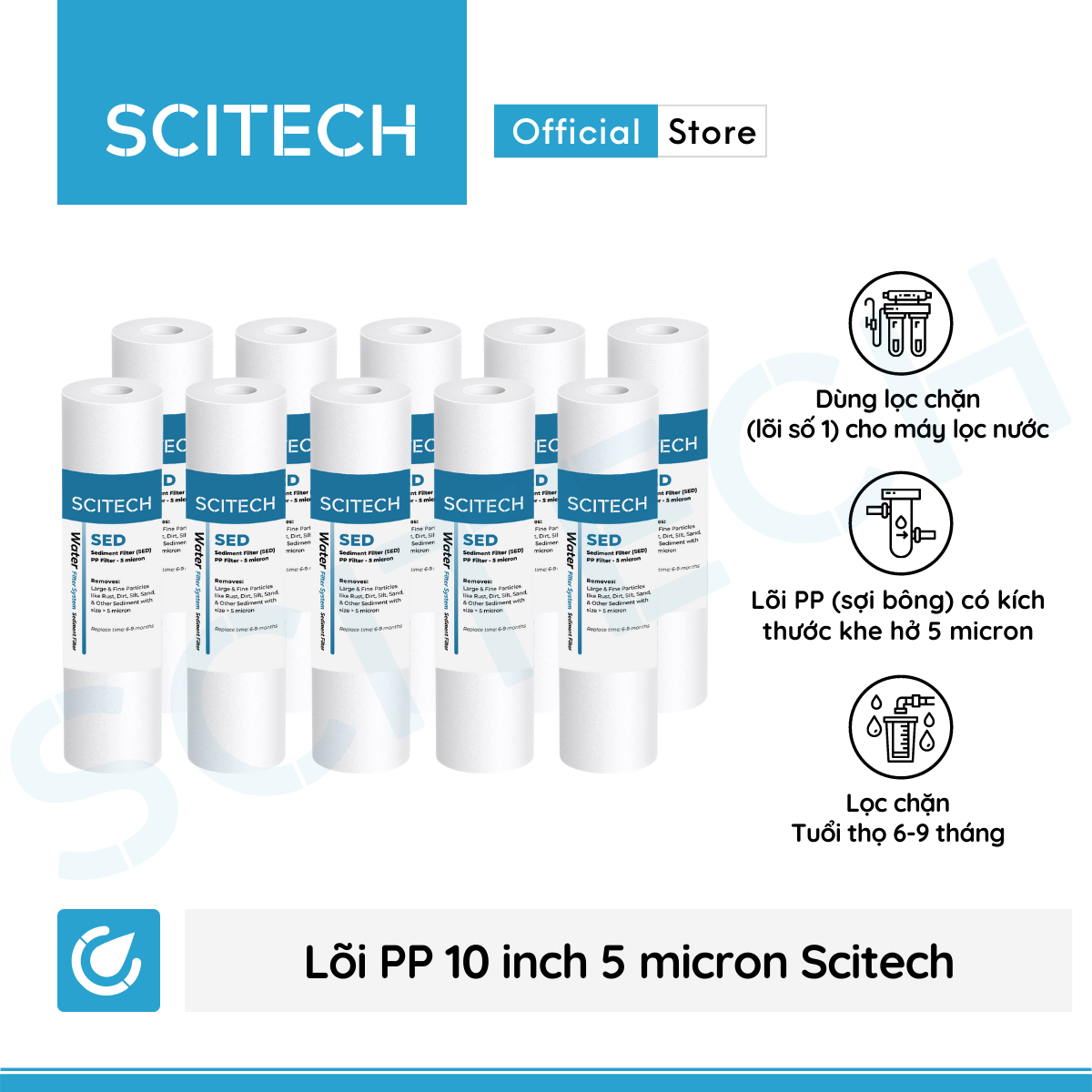 Combo 10 lõi lọc PP 10 inch 5 micron - Lõi số 1 máy lọc nước Nano/UF/RO, bộ lọc thô - Hàng chính hãng