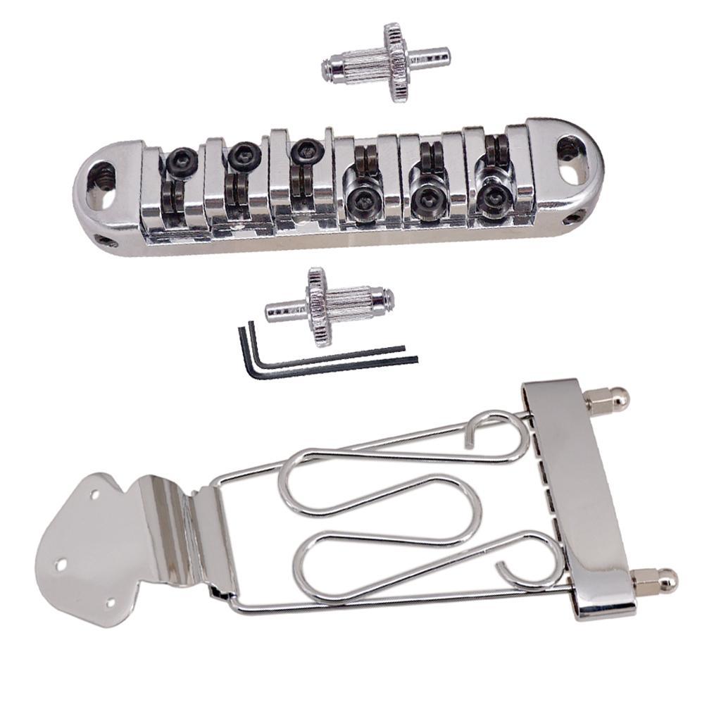 6 String Guitar Trapeze Tailpiece Bridge with Roller Saddle Bridge, Lock Posts and Wrench for Jazz Archtop Guitar