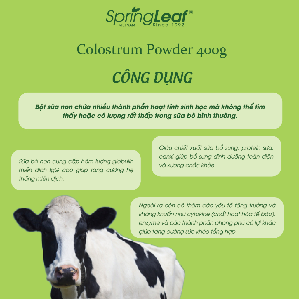 Sữa bò non cung cấp dinh dưỡng, tăng cường hệ miễn dịch dành cho mọi lứa tuổi SpringLeaf Colostrum IgG 3000mg 400g