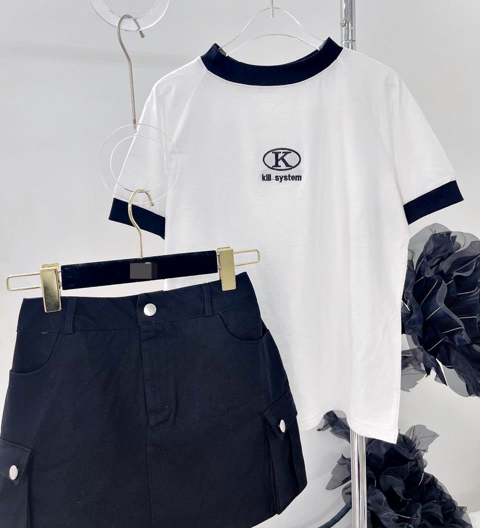 ĐẦM SET CHÂN VÁY NGẮN CHỮ A LƯNG CAO TÚI HỘP KAKI ĐEN + ÁO THUN BABY TEE SUÔNG TRƠN CROPTOP DẠO PHỐ ĐI CHƠI DỰ TIỆC ĐI BIỂN