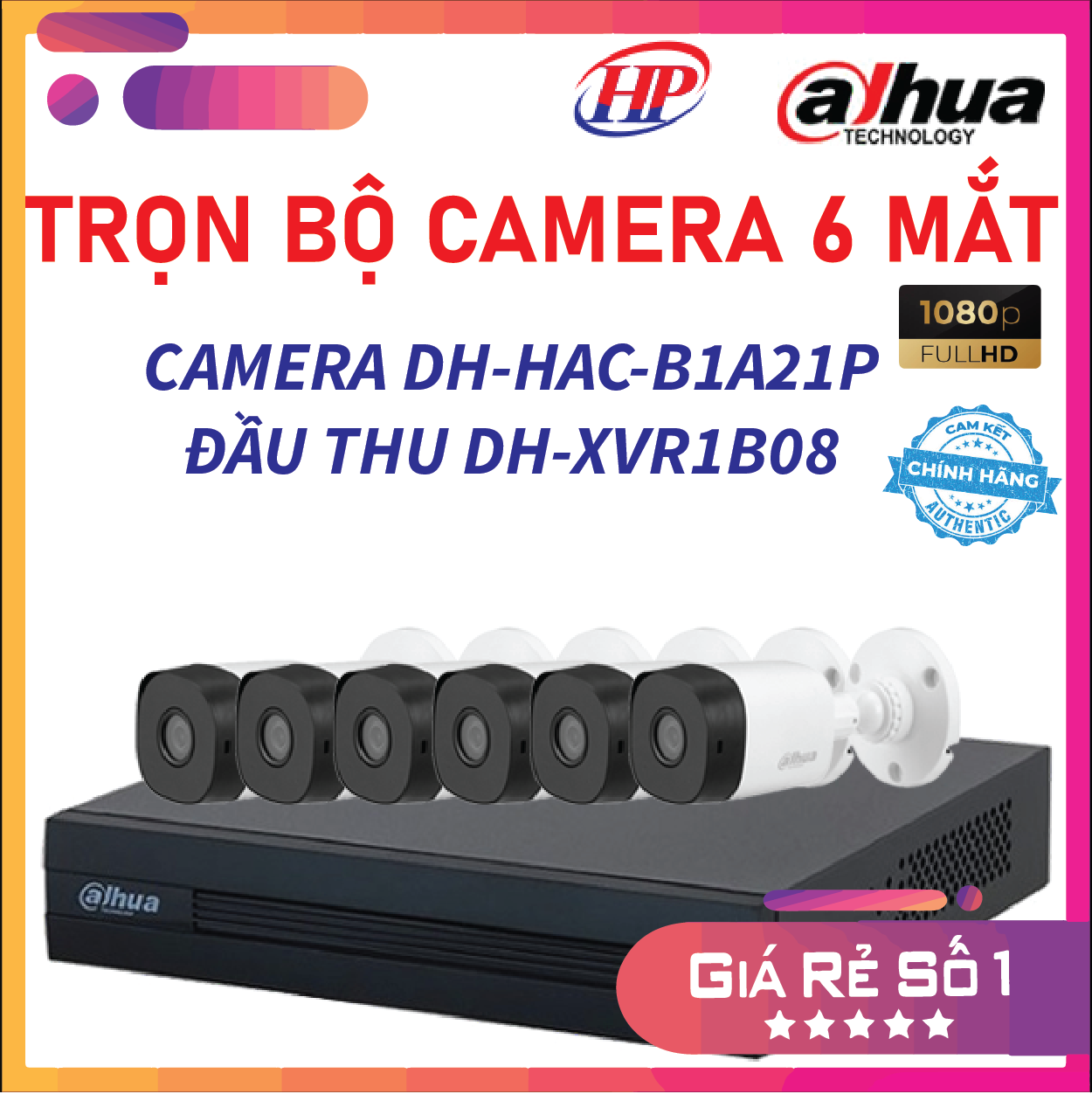 Trọn bộ 6 camera DH-HAC-B1A21P Đầu thu 4 cổng XVR1B08 đầy đủ phụ kiện, Hàng chính hãng