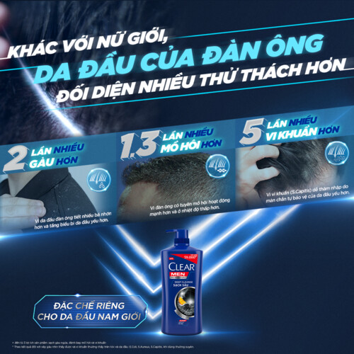 Dầu Gội Đầu Clear Men Deep Cleanse Than Hoạt Tính Đánh Bay Gàu, Ngứa Và Vi Khuẩn Dưỡng Tóc Khỏi Khói Bụi 900G