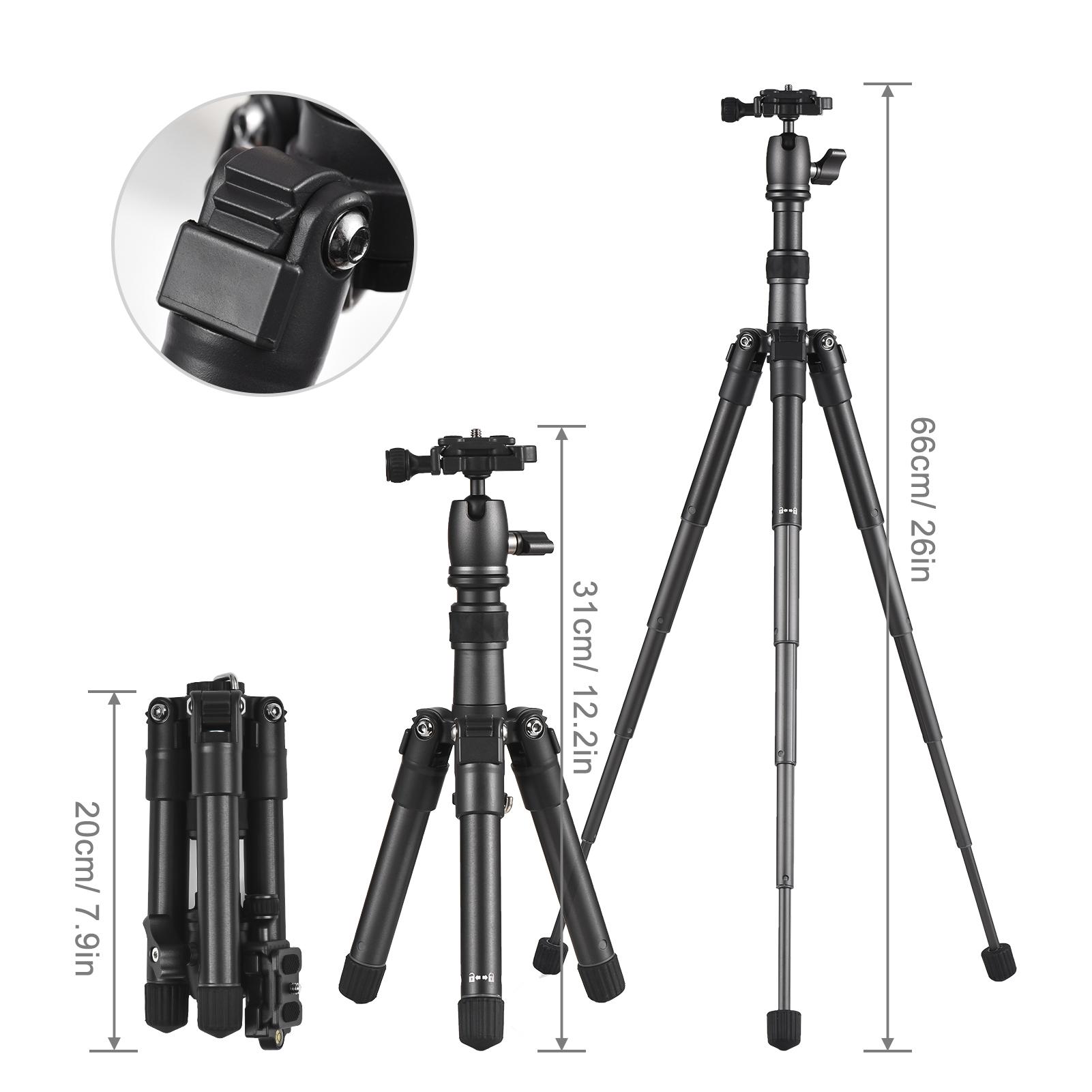Portable Desktop Tripod Stand Aluminum Alloy 66cm/26in Max. Height 5kg Load Capacity with 360° Rotatable Ballhead 1/4 inch Screw QR Plate Carrying Bag for DSLR Mirrorless Camera Smartphone