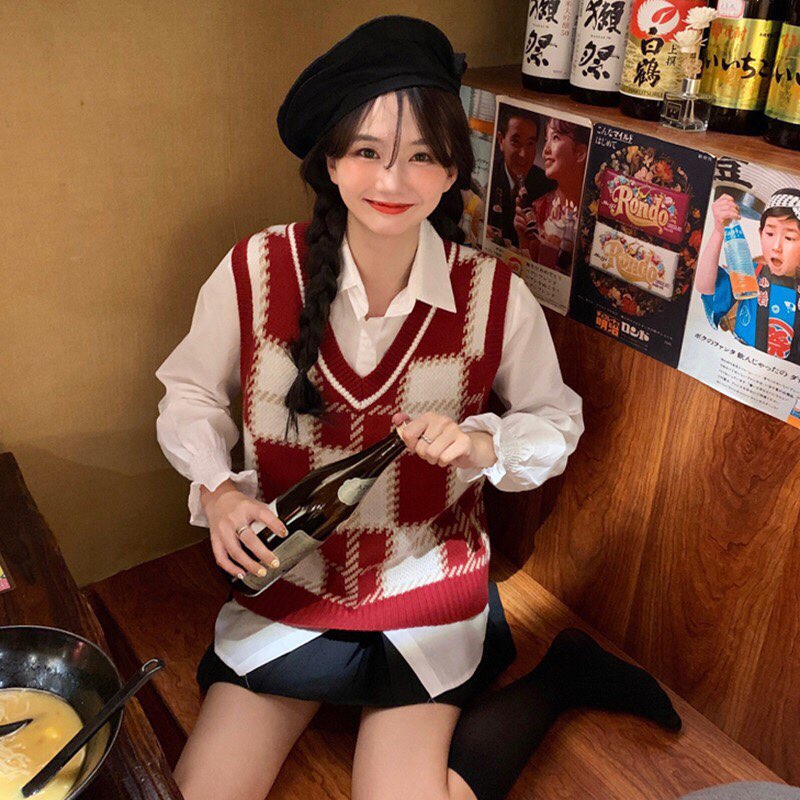 Áo Gile Cổ V Không Tay Họa Tiết Kẻ Sọc Thời Trang Ulzzang - Hàng cao cấp
