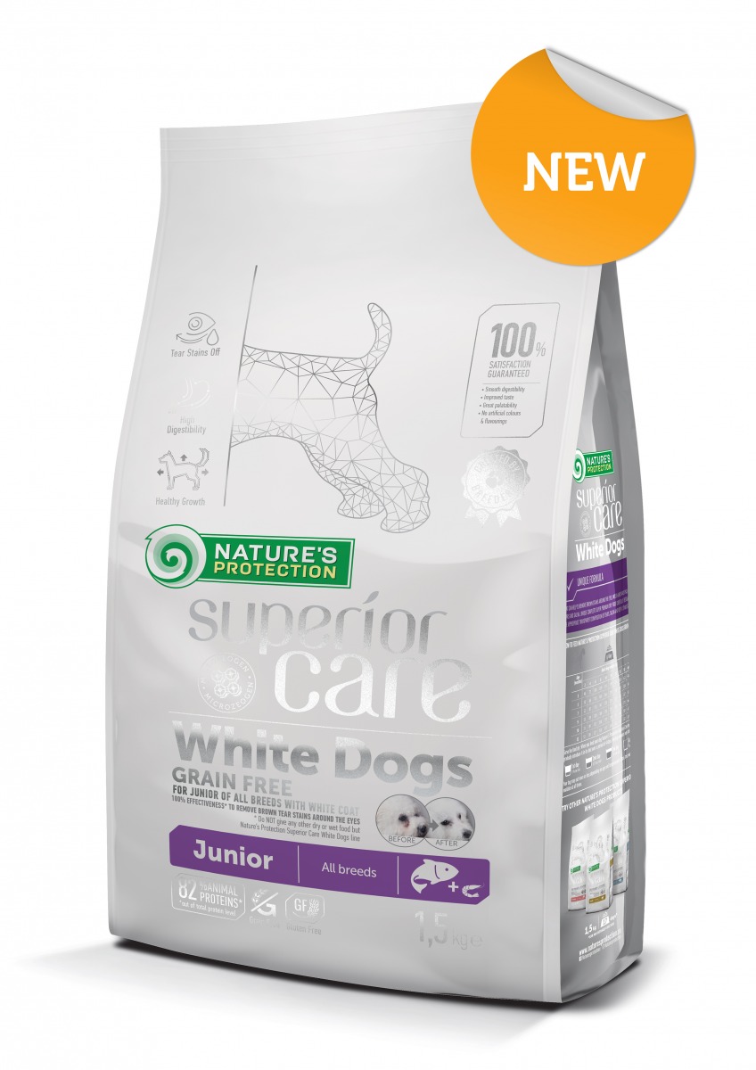 NATURE’S PROTECTION SUPERIOR CARE WHITE DOGS GRAIN FREE JUNIOR, 1.5g Thức ăn Không Ngũ Cốc cho tất cả các giống chó lông trắng đang phát triển Từ 3 – 12 tháng tuổi