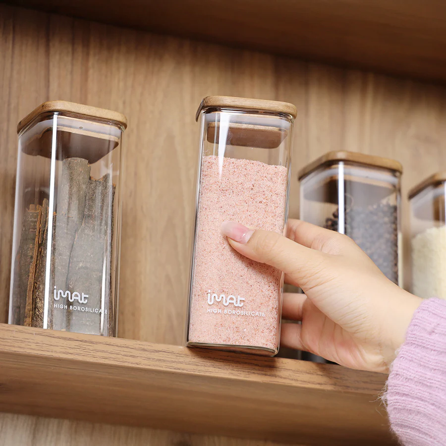 Bộ 4 Hũ Gia Vị Imat Thủy Tinh Nắp Gỗ Acacia ACA 400ml Sang Trọng Tiện Dụng