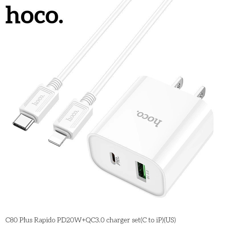 Bộ Sạc Nhanh Dành Cho Hoco. C80 Plus PD20W QC3.0 2 Cổng Sạc Type-C + USB-A Kèm Cáp Type-C To IP Dài 1m Hàng Chính Hãng